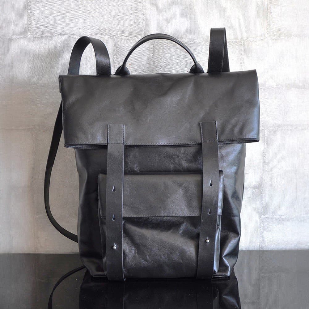 Structured leather workpack sample, front view