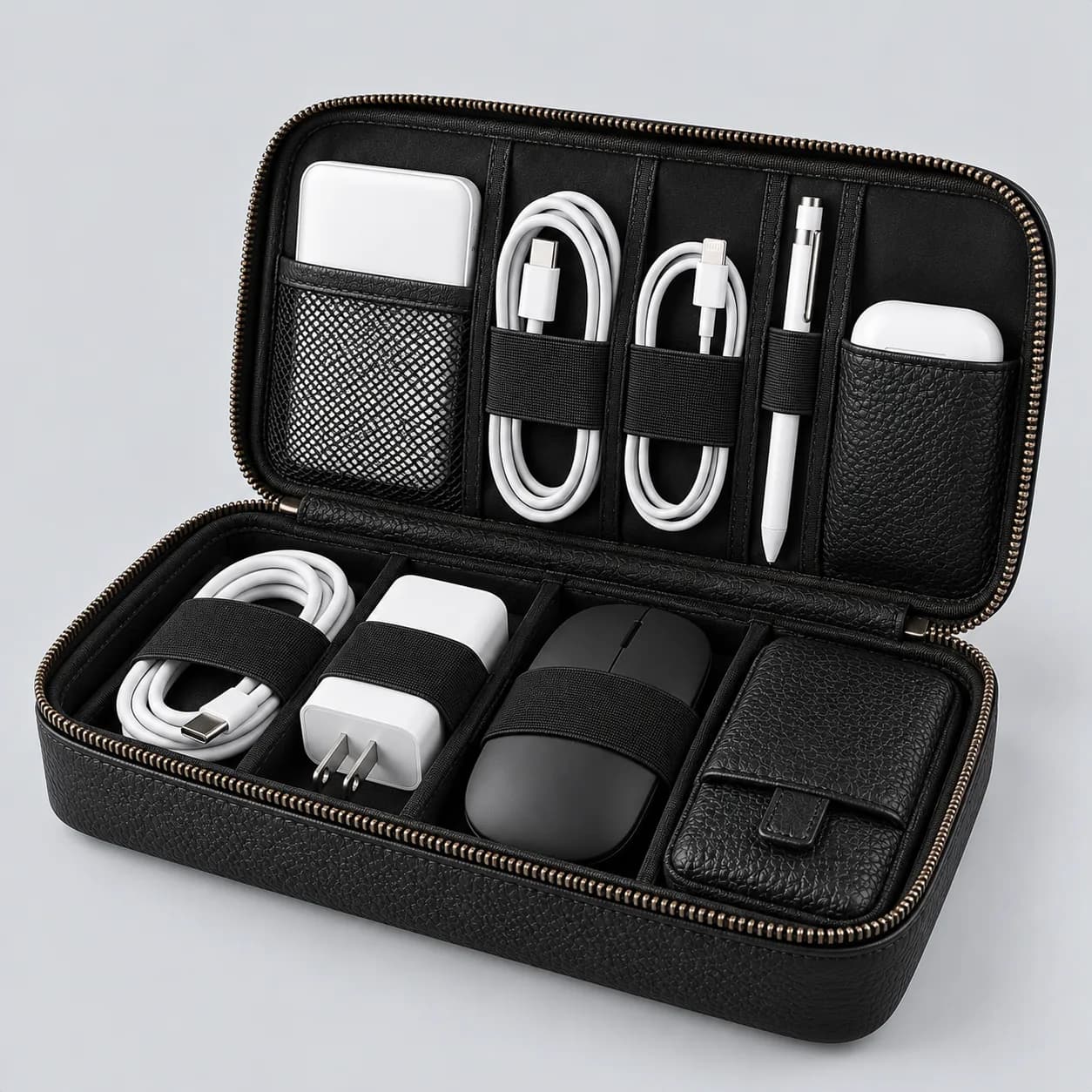 Leather tech organizer product direction on a neutral studio background